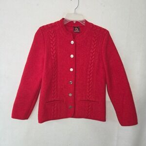 Giesswein Boiled Wool Cardigan Women 38 Red Cable Knit Trachten Jacket Austria